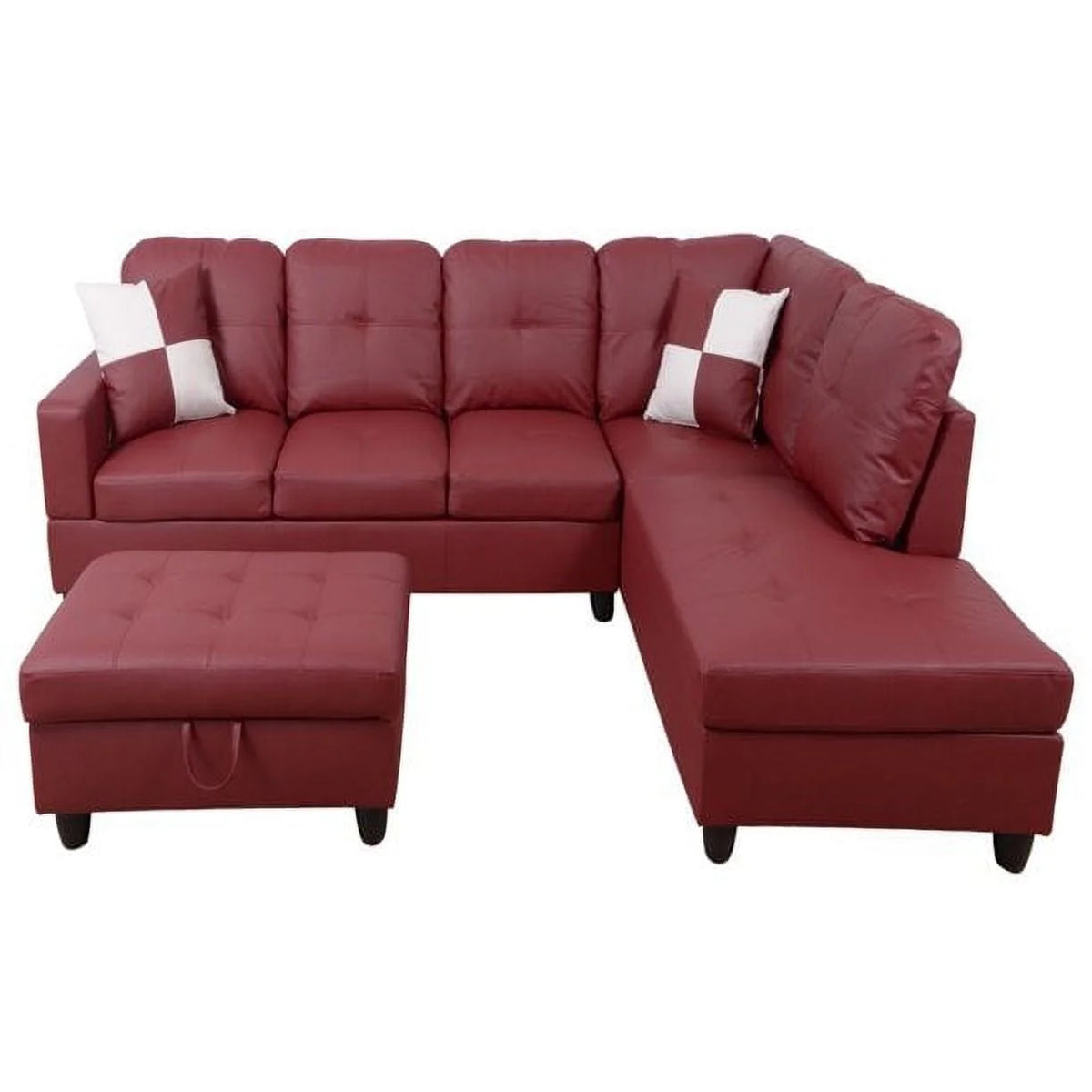 Red Faux Leather Left Facing Sectional Sofa With Ottoman I338