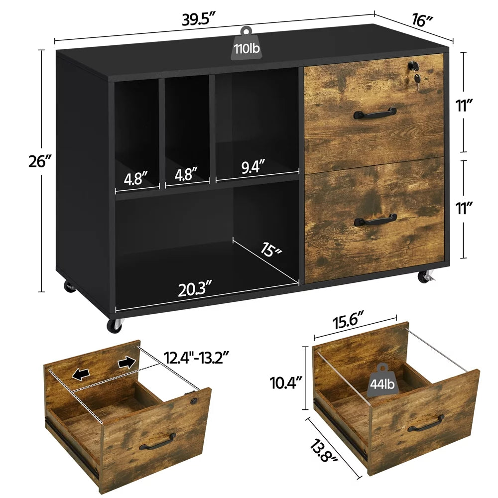 Rolling File Cabinet with 2 Drawers and Open Shelving N7662