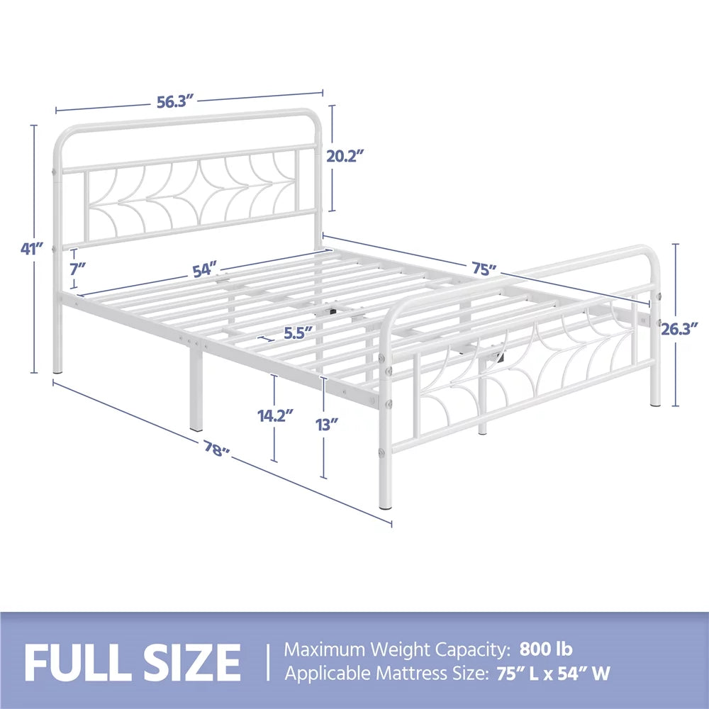 White Full Size Metal Bed with Headboard and Footboard U8532