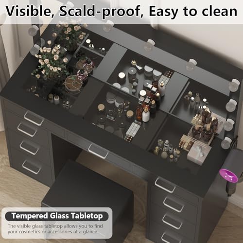 White Vanity Desk Set with Mirror and Lights, Glass Top, 9 Drawers, Power Outlet, Chair K5267