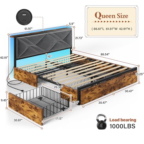 Queen Size Bed Frame with 6 Storage Drawers and LED Lights U9046