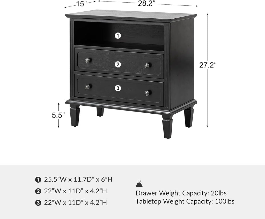 Black Nightstand with USB Ports and Outlets, 2 Drawers P487