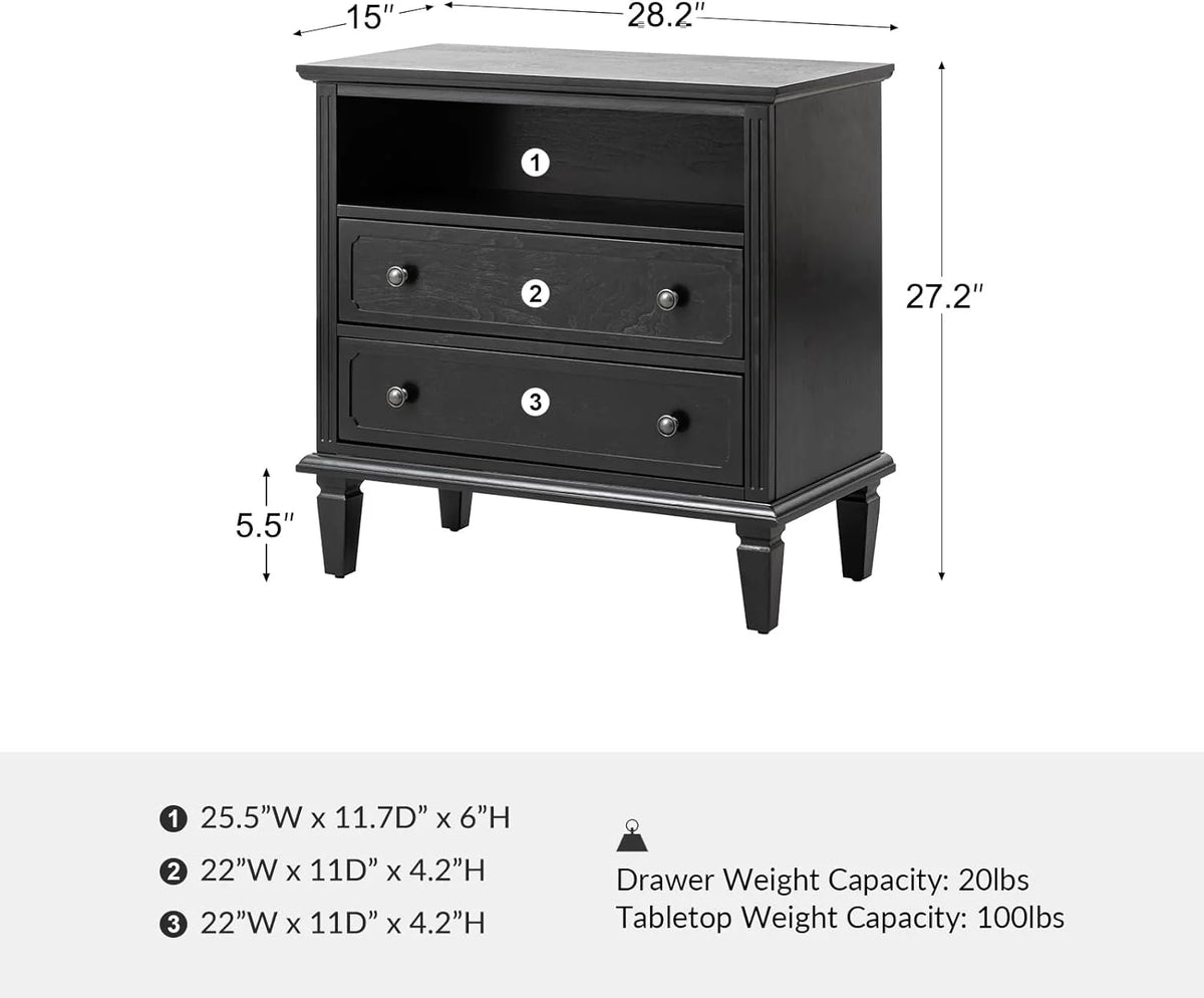 Black Nightstand with USB Ports and Outlets, 2 Drawers P487
