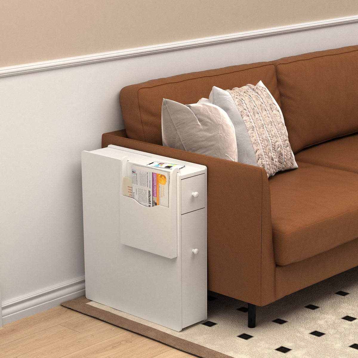 White Wood Slim Bathroom Storage Cabinet with Drawer E770542