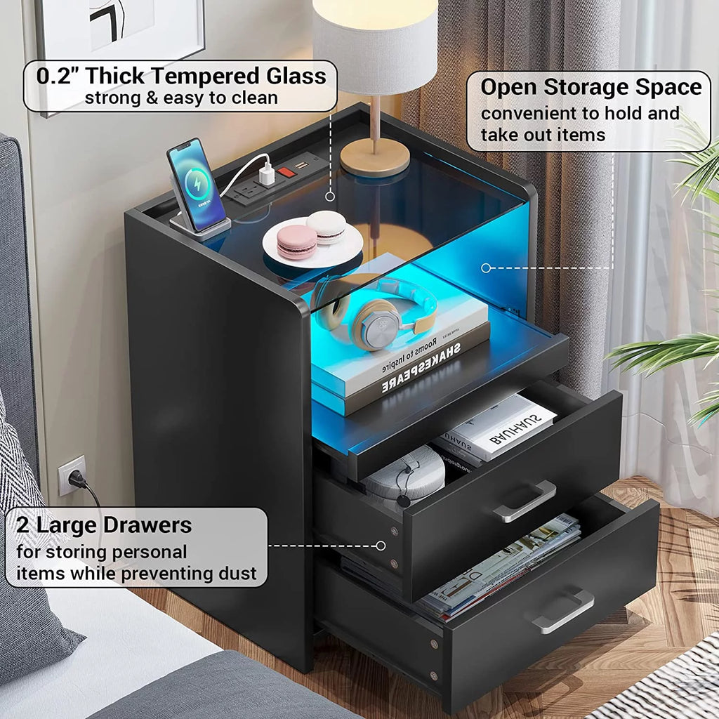 Black LED Nightstand with USB Charging and Drawers J633446