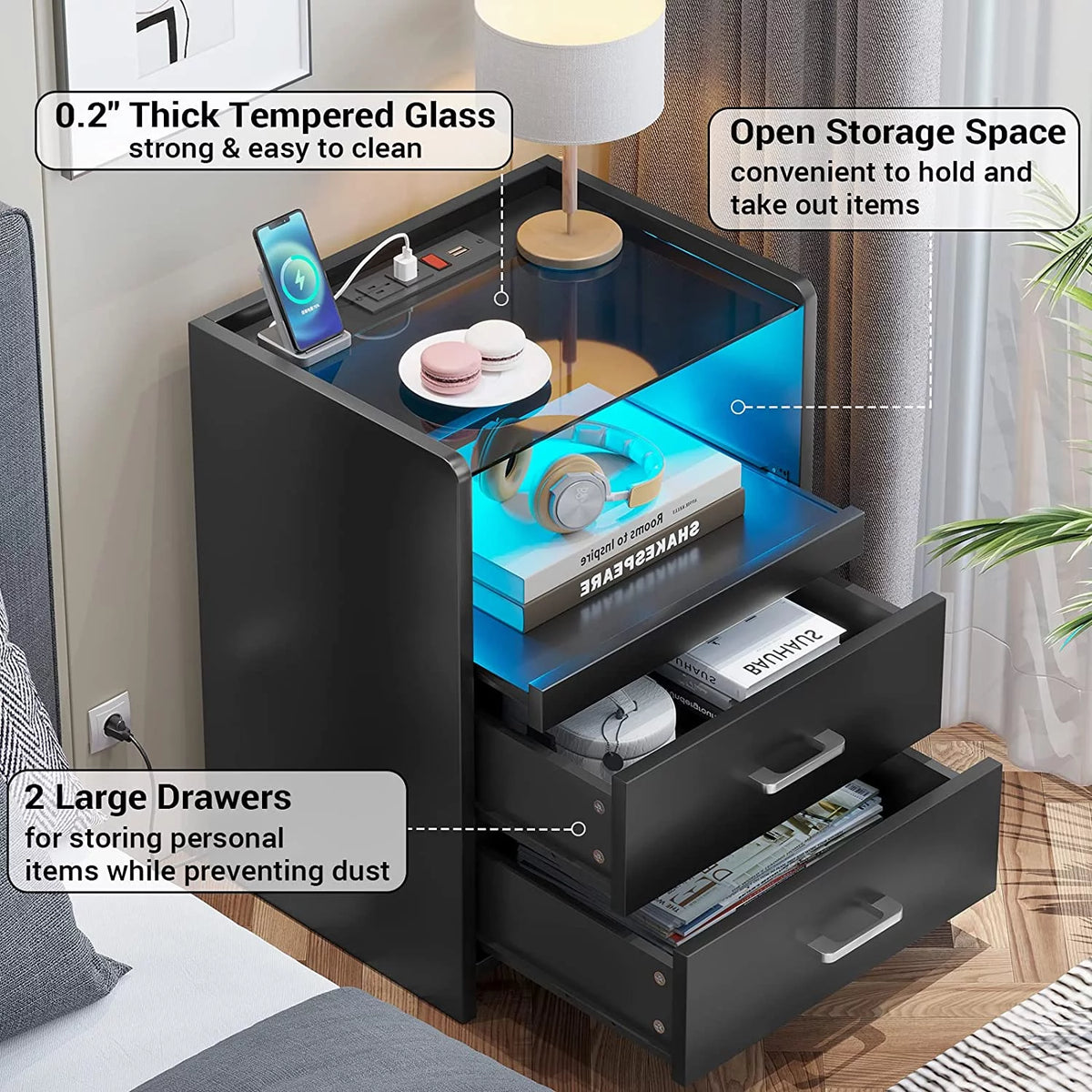 Black LED Nightstand with USB Charging and Drawers J633446