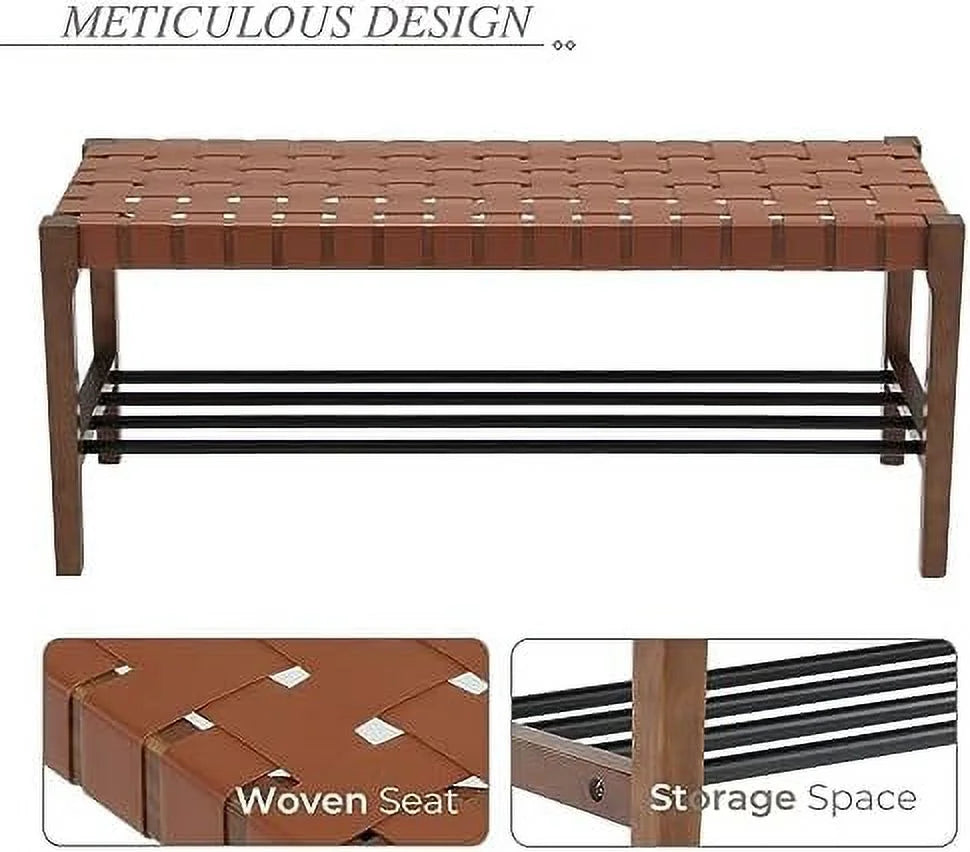Brown 45 Inch Woven Wood Accent Bench with Metal Shoe Rack A455841