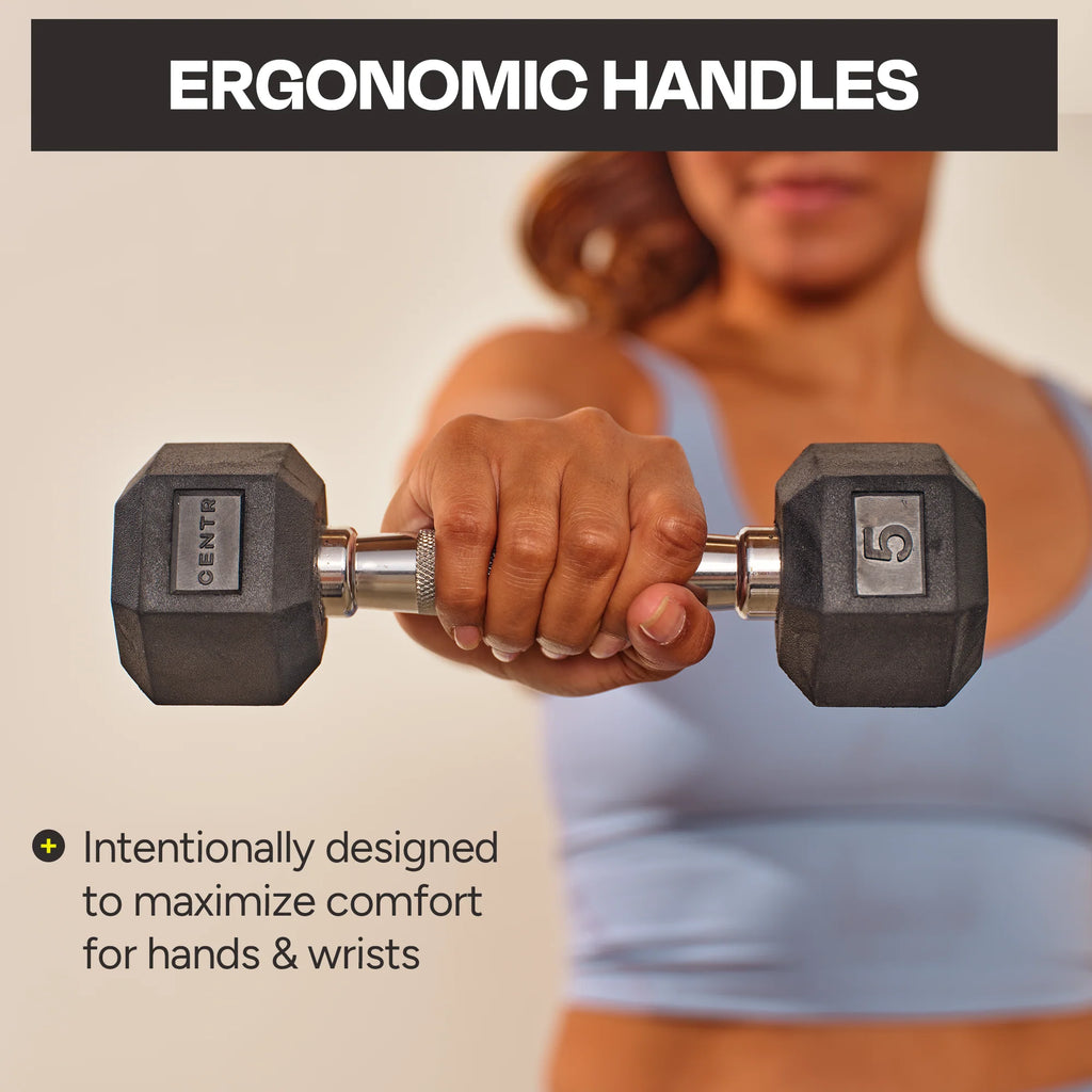 150 lb Rubber Hex Dumbbell Set with Rack T90240