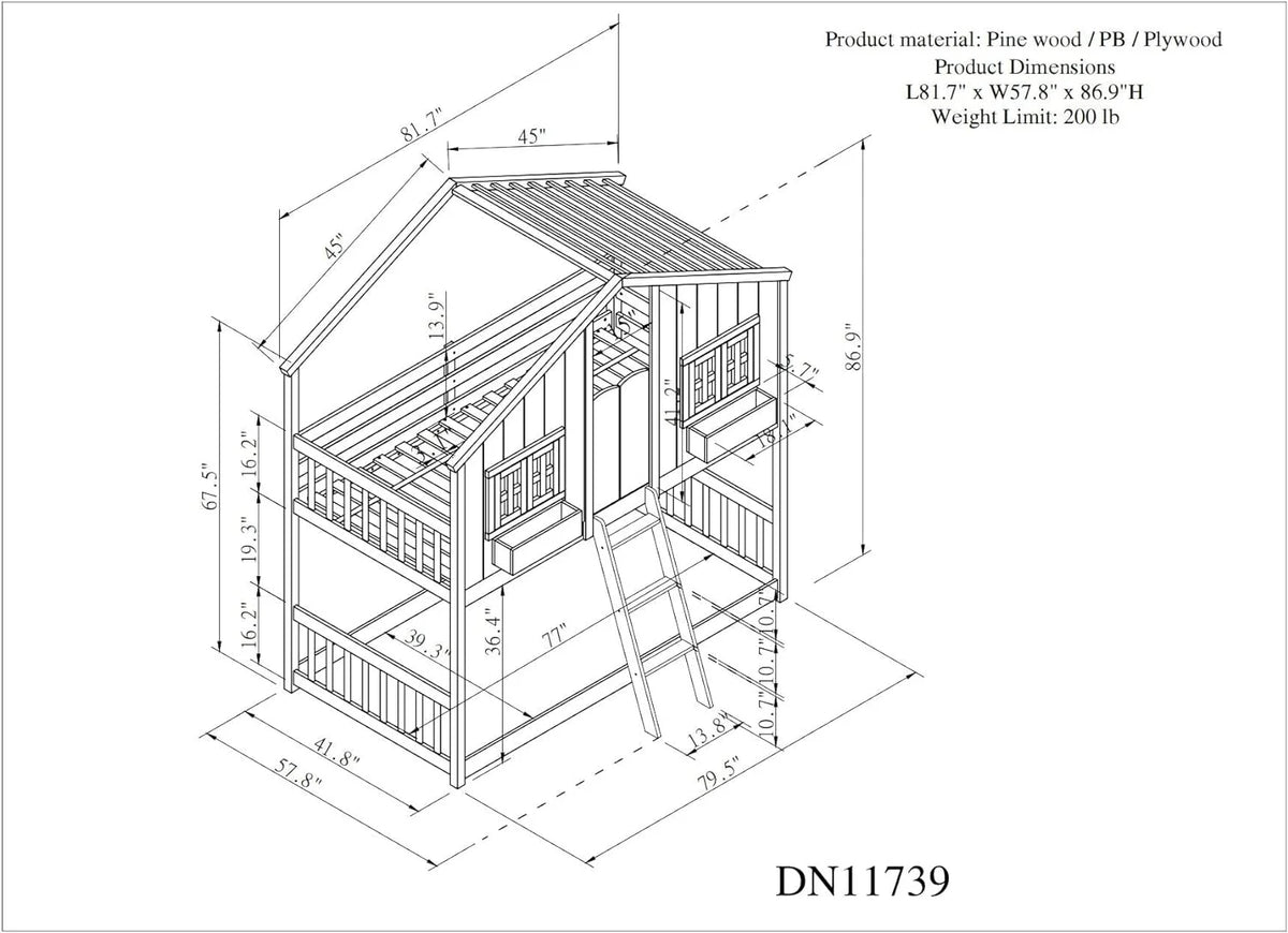 White Wood Bunk Bed with Roof and Window V721452