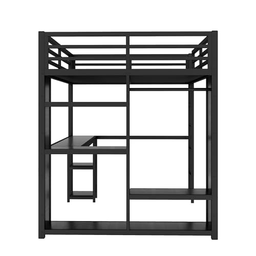 Full Size White Metal Loft Bed with Desk and Wardrobe D592