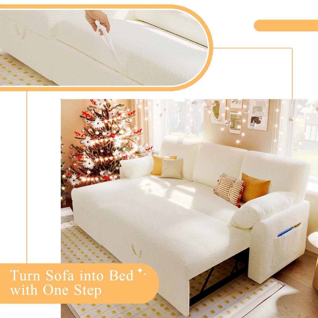 White Sherpa Sofa Bed with Storage Chaise K440488