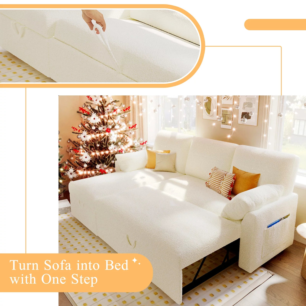 White Sherpa Sofa Bed with Storage Chaise K440488