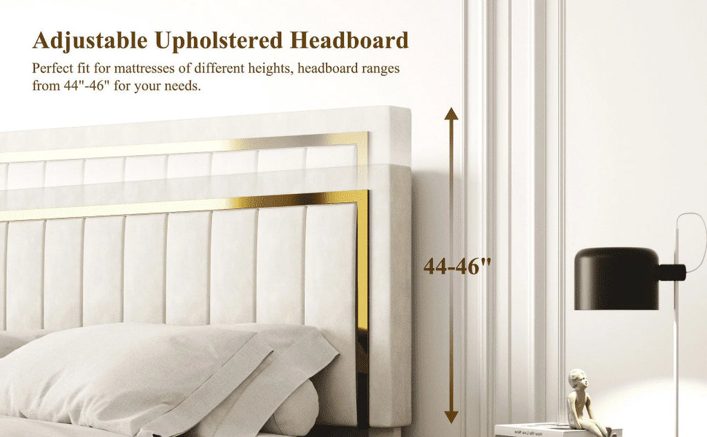 Upholstered Platform Bed Frame with Gold Trim Full Size Fabric Bed D63504