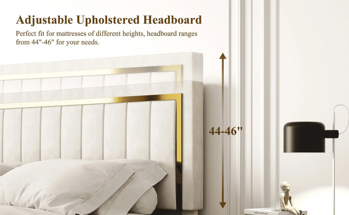 Upholstered Platform Bed Frame with Gold Trim Full Size Fabric Bed D63504