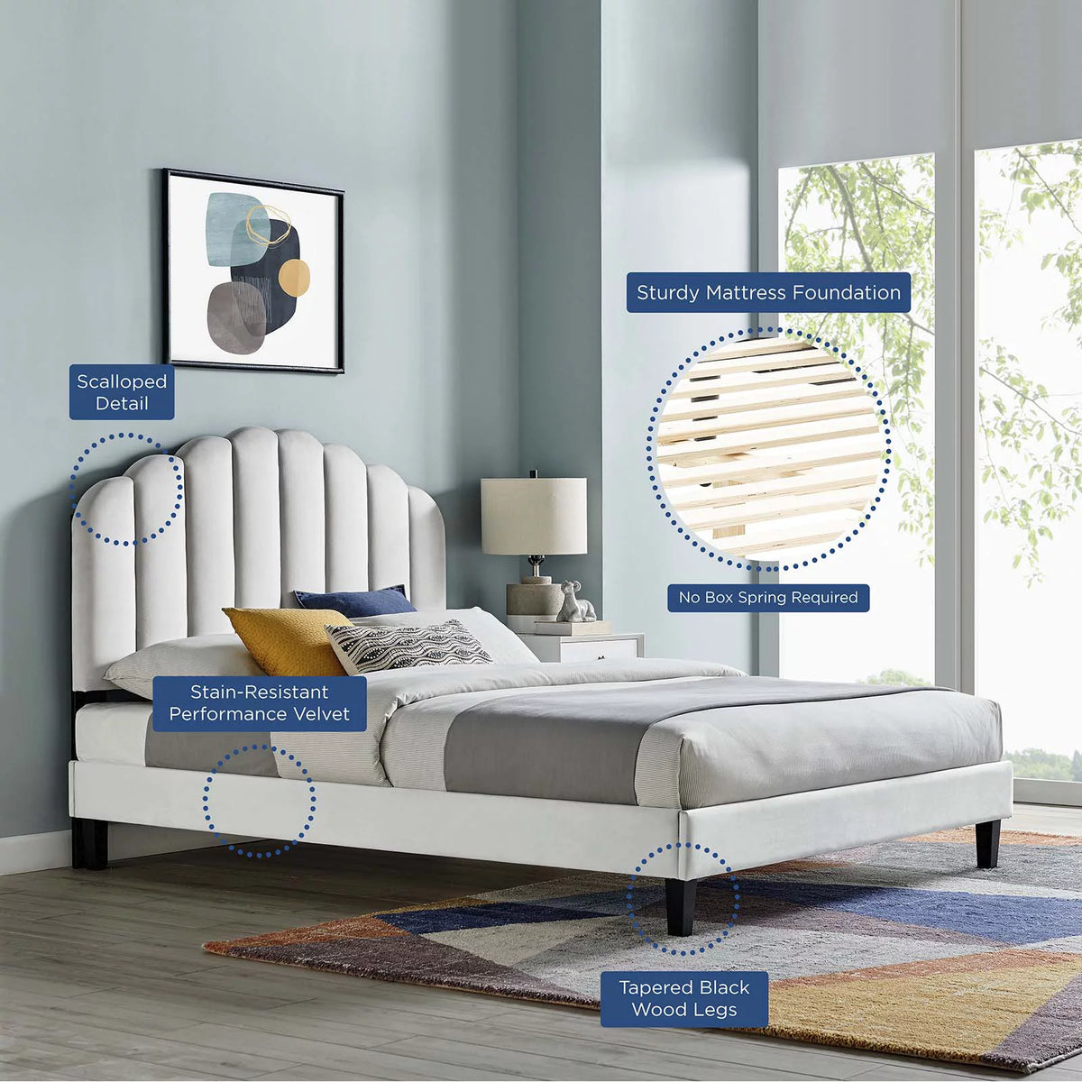 Queen Size Grey Velvet Platform Bed Frame C7461