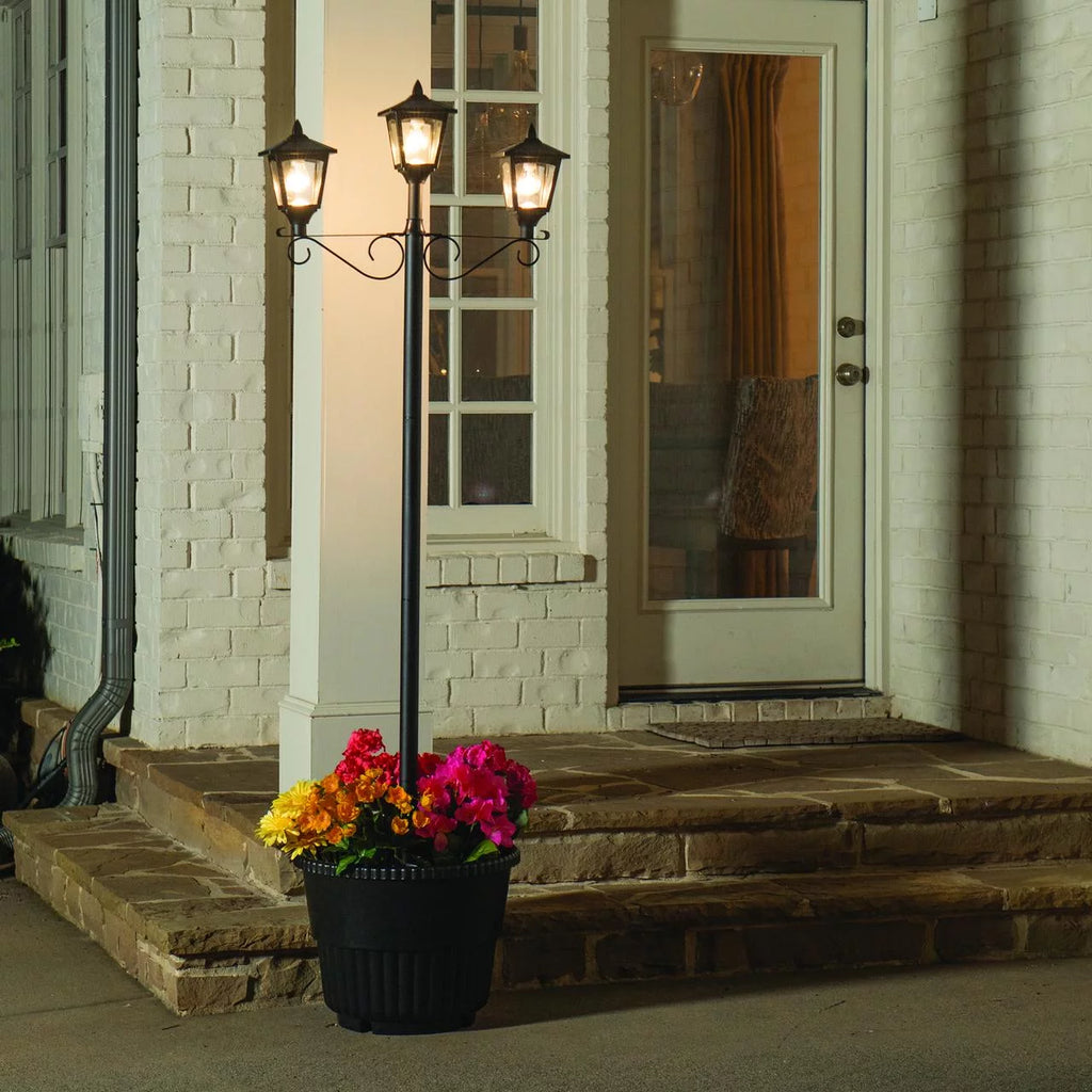 Black Triple Head Solar Lamp and Post Set with Round Planter Q7017