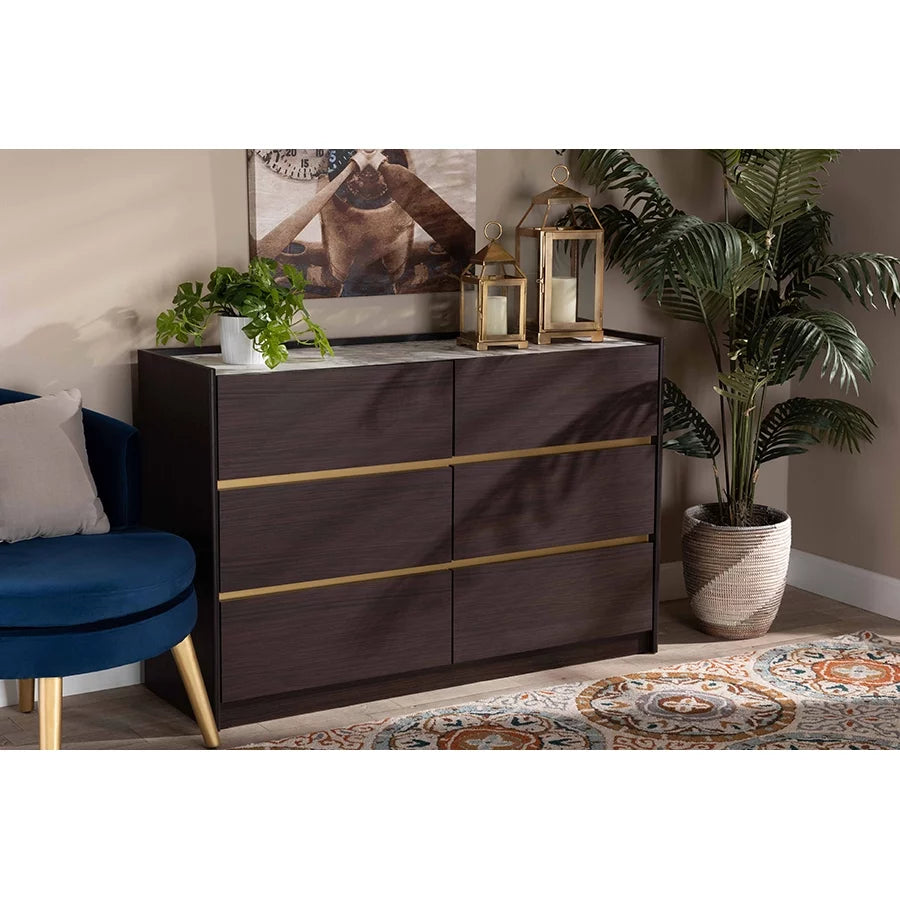 Dark Brown Gold Wood 6-Drawer Dresser with Faux Marble Top L123051