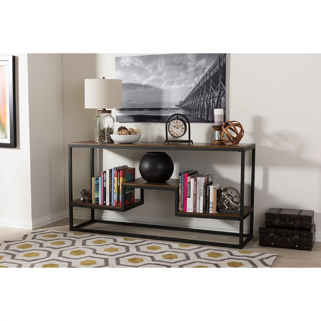 Antique Black Metal Distressed Wood Console Table G3854