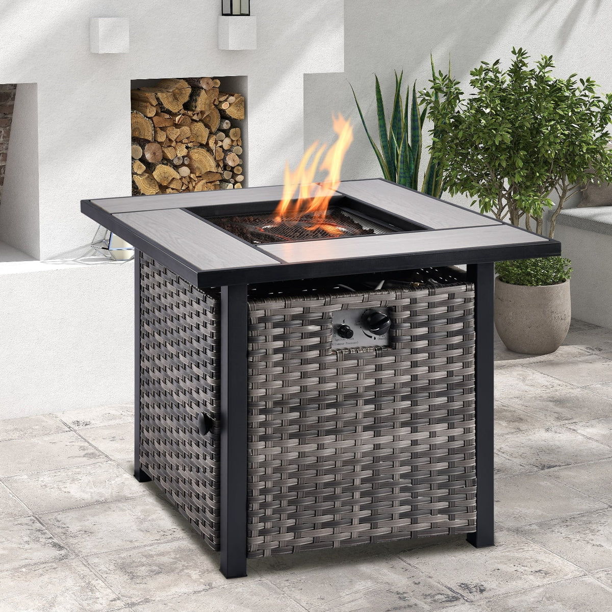 Rattan Wicker 5-piece Patio Furniture Set with Fire Pit Grey L667